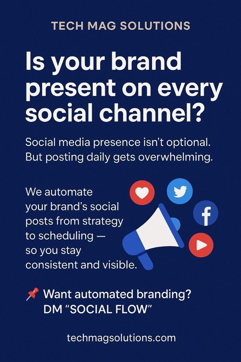 techmagsolution's tweet image. Is your brand present on every social channel?
Social media presence isn’t optional. But posting daily gets overwhelming.
We automate your brand’s social posts from strategy to scheduling — so you stay consistent and visible.
📌 Want automated branding? DM “SOCIAL FLOW”.