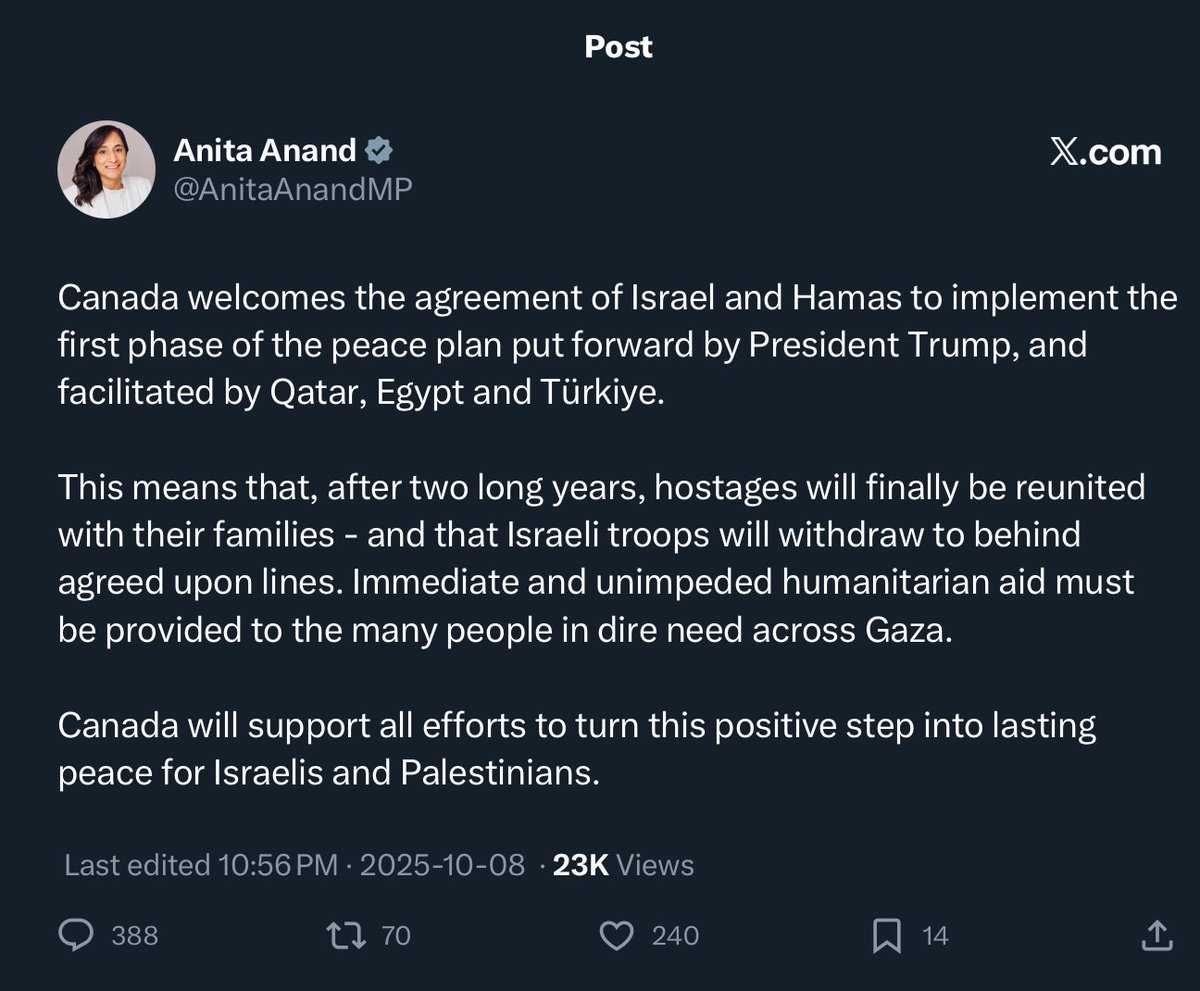 KnightLegg's tweet image. Canada’s Hamas-ified foreign policy gets reversed, 

Again. 

This time by a Peace Deal Canada had no part in.  

Instead - as Sec Rubio points out here, Carney and Anand put the lives of hostages at risk for a few anti-American headlines to sate their culturally insecure voting…