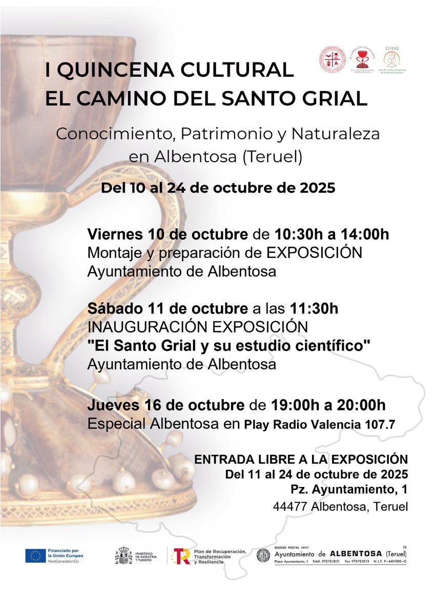 Actuación integrada Plan de Sostenibilidad Turística en Destino “Camino del Santo Grial” Albentosa, financiado por la Unión Europea, fondos Next Generation EU a través del Plan de Recuperación, Transformación y Resiliencia del Gobierno de España
#ElCaminodelSantoGrialenEuropa