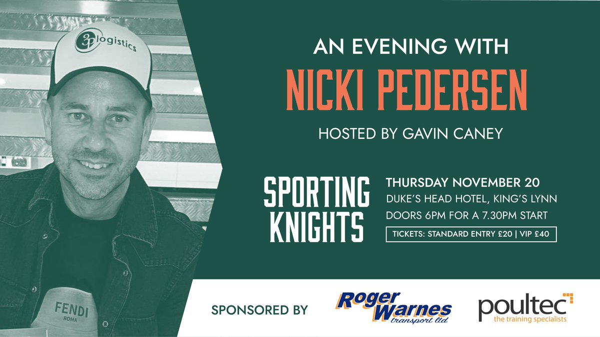 We're excited to announce that we're heading back to the <a href="/DukesHeadKL/">TheDukesHeadHotelKL</a> for a very special night with the legend that is three-time world #speedway champion <a href="/nickipedersenDK/">Nicki Pedersen</a>, sponsored by <a href="/RogerWarnes/">RogerWarnesTransport</a> &amp; <a href="/PoultecTraining/">Poultec Training</a>.  Tickets on sale NOW at sportingknights.co.uk/events
