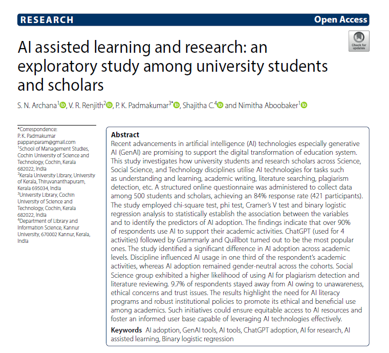 SaudiAcademics's tweet image. 📌 | أجريت دراسة حديثة بعنوان:
AI-Assisted Learning and Research: An Exploratory Study among University Students and Scholars
تناولت الدراسة واقع استخدام أدوات #الذكاء_الاصطناعي في التعلُّم و #البحث_العلمي لدى طلبة #الدراسات_العليا والباحثين، حيث شملت 421 مشاركًا من طلبة…