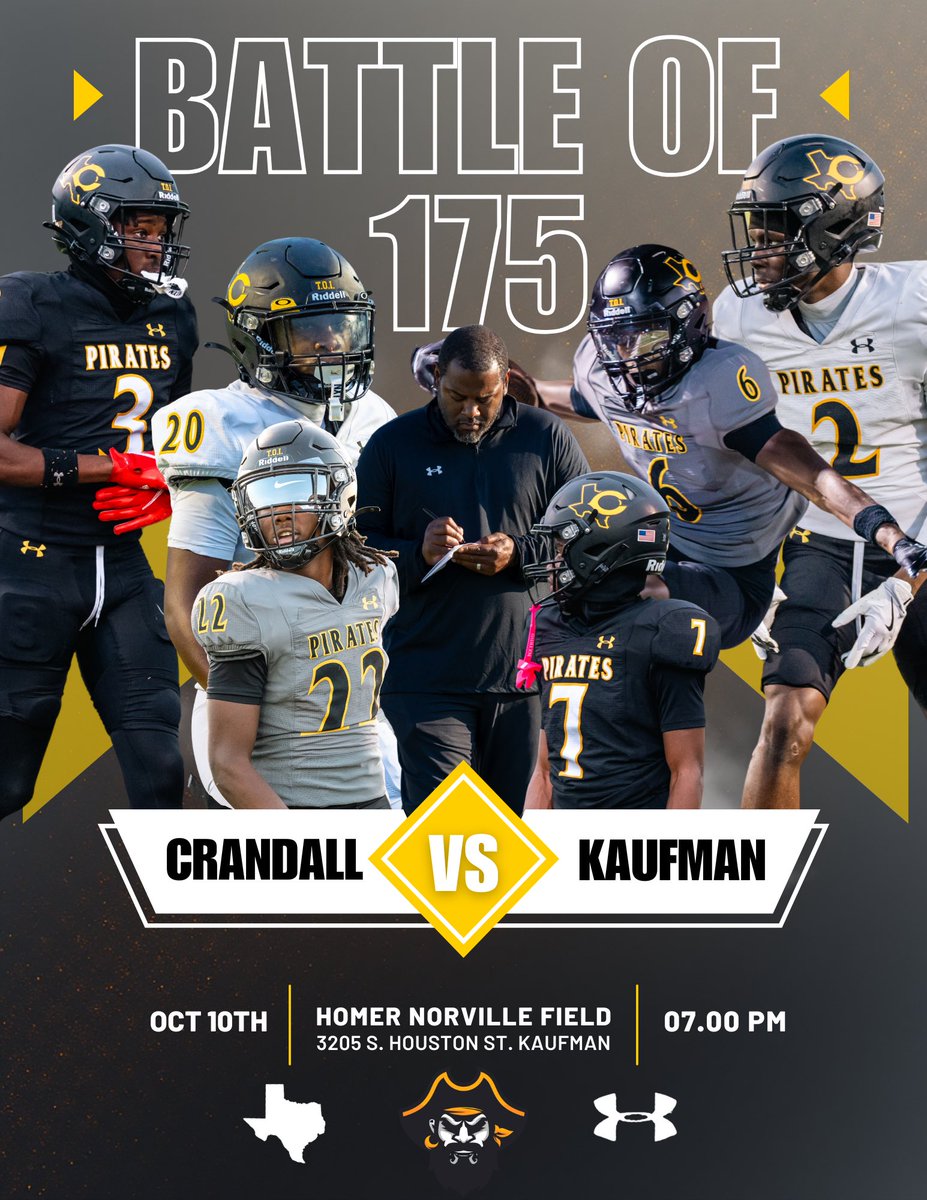 Crandall Pirate Football (@crandallpirate) on Twitter photo ⚔️ BATTLE OF 175 IS HERE! ⚔️
 🏴☠️CRANDALL vs KAUFMAN🦁 
📍 Homer Norville Field, Kaufman
🕖 7:00 PM
🎨 Theme: WHITE OUT! 
#THAD #PirateNation #TXHSFB ⚔️ BATTLE OF 175 IS HERE! ⚔️
 🏴☠️CRANDALL vs KAUFMAN🦁 
📍 Homer Norville Field, Kaufman
🕖 7:00 PM
🎨 Theme: WHITE OUT! 
#THAD #PirateNation #TXHSFB