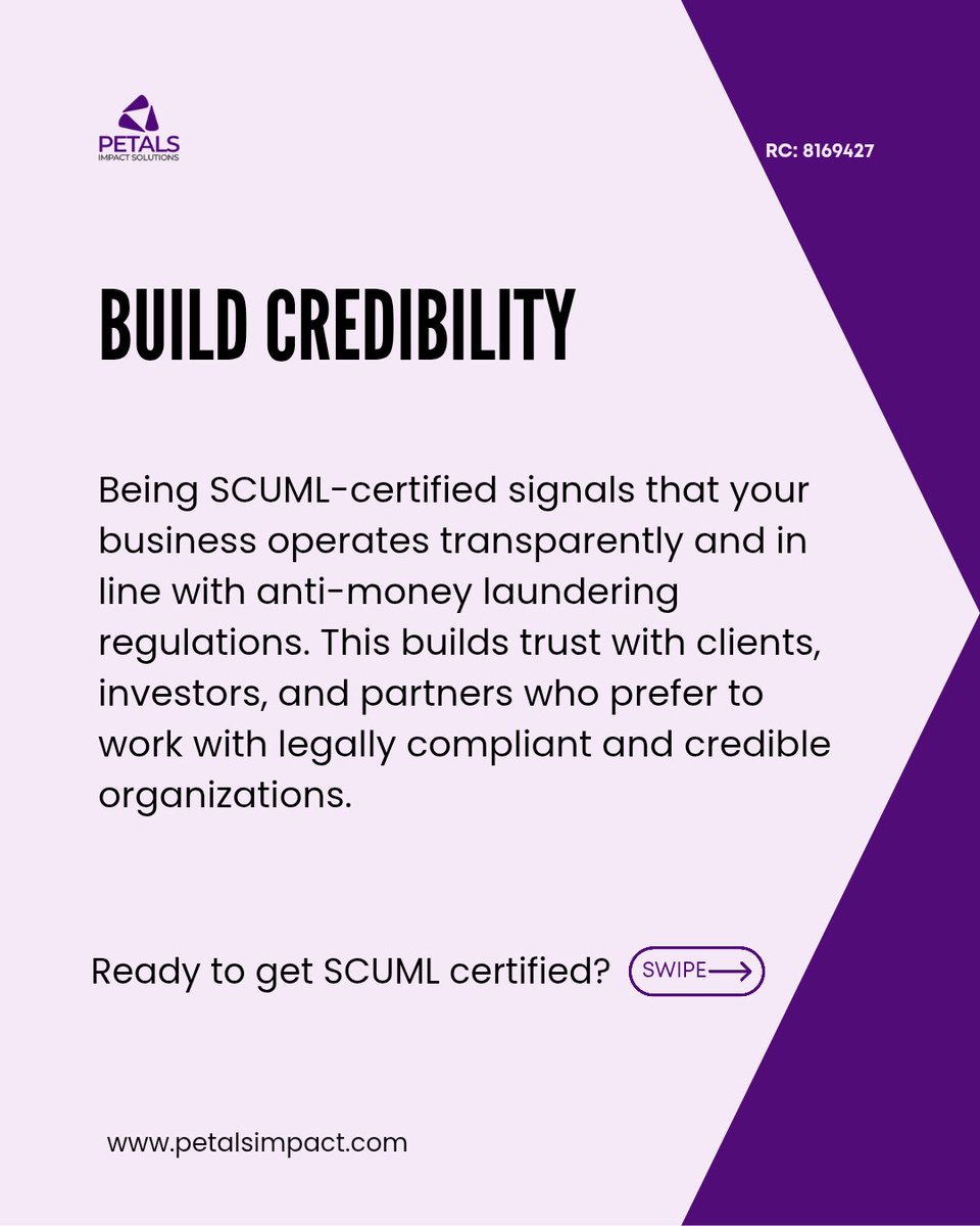 PetalsImpact's tweet image. 🔹 Stay compliant
🔹 Build trust
🔹 Grow your business

Send us a DM to get started: wa.me/09117051630

#SCUML #BusinessCompliance #NigeriaBusiness #PetalsImpactSolutions #BusinessRegistration