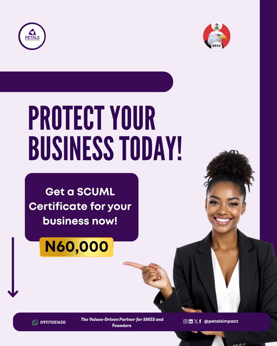 PetalsImpact's tweet image. 🔹 Stay compliant
🔹 Build trust
🔹 Grow your business

Send us a DM to get started: wa.me/09117051630

#SCUML #BusinessCompliance #NigeriaBusiness #PetalsImpactSolutions #BusinessRegistration