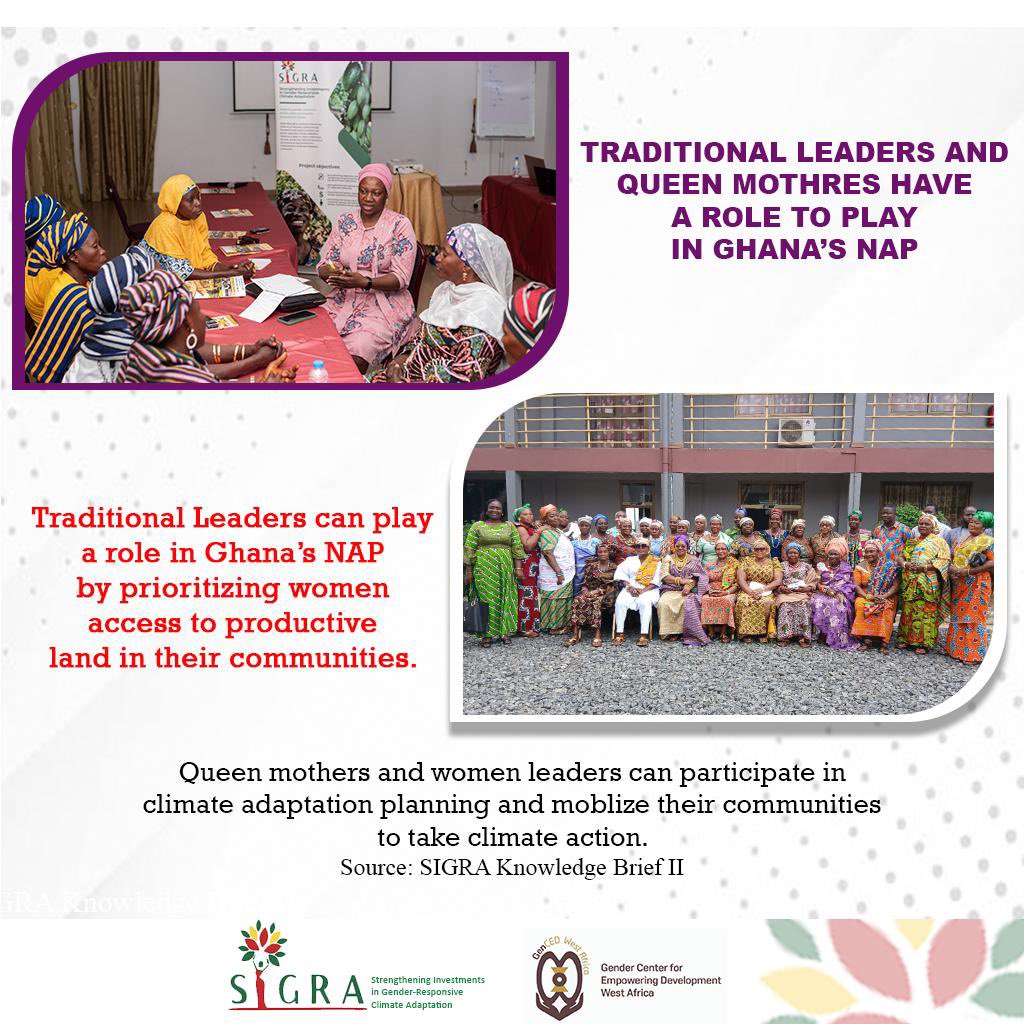 GenCEDgh's tweet image. Traditional leaders and queen mothers are key to Ghana’s climate resilience.
By championing women’s access to land and leading community adaptation efforts, they help turn Ghana’s NAP from policy into action.
#GenCED #SIGRA #AdaptWithHer #GenderClimateAction #KnowTheNAP