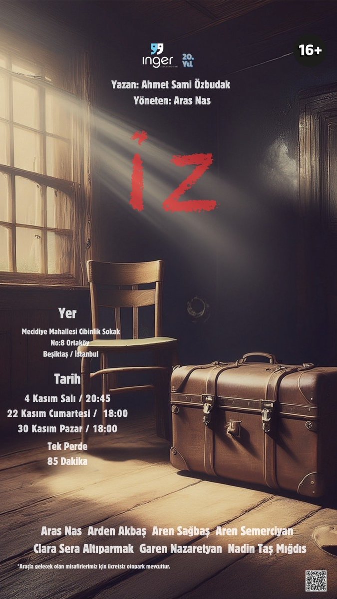 Uzun zamandır paylaşamak için sabırsızlandığım haber ile karşınızdayım 🎉  Aras Nas’ın yönettiği, <a href="/ahmetsammy/">Ahmet Sami Özbudak</a>’nin yazdığı oyunumuz “İZ” ile yeni sezonda karşınızdayız. Biletler için: tiyatrolar.com.tr/tiyatro/iz-1 
Herkesi bekliyoruz ☺️ sanatla, tiyatroyla kalın 🎭