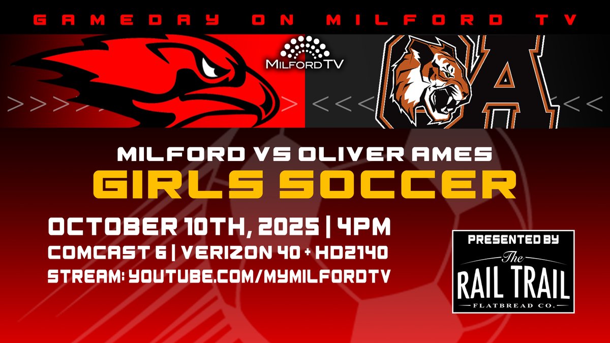 Join us at 4pm as we close out our live coverage for the week with MHS Girls Soccer vs Oliver Ames!

Comcast 6
Verizon 40 + HD2140
Stream: youtube.com/mymilfordtv

Presented by <a href="/RailTrailFBCo/">The Rail Trail Flatbread Company</a>