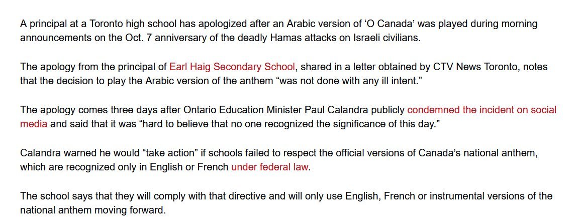 TaroWheel's tweet image. A high-school in Toronto, Canada played the Arabic version of the Canadian National Anthem on Oct 7 2025.

The principle of the school had to meet with the Jewish Student Association at his school and &quot;apologize&quot;.

A grown man &quot;got the call&quot; and had to sit and grovel with a bunch…