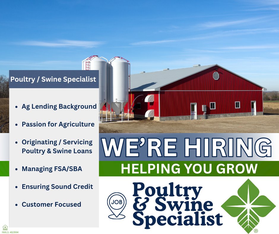 Are you passionate about agriculture and dedicated to helping poultry and swine farming operations grow and succeed?  We are seeking a motivated Agricultural Loan Officer in our Clinton Office.

eozs.fa.us6.oraclecloud.com/hcmUI/Candidat…
