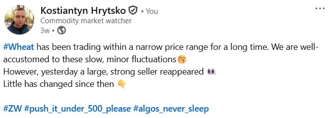 For the first time since August 2020, the price of the #wheat futures #ZW has dropped below 500 📉 

Three weeks ago, I wrote in my Linkedin lnkd.in/ePtthPvc that strong sellers had entered the market. And here is the result. 

Done 🤌 

#algos_never_sleep