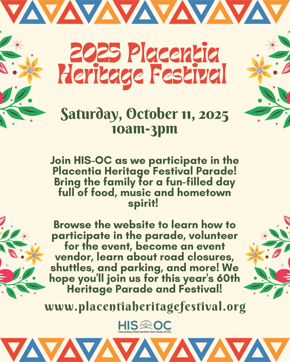 Homeless_Int_OC's tweet image. We’re joining the 2025 #PlacentiaHeritageFestival Parade! 🎉
📅 Sat, Oct 11 | ⏰ 10AM
Come celebrate 60 years of community, food &amp;amp; fun — and cheer on HIS-OC as we march for families across OC! 💙
🔗 placentiaheritagefestival.org
#HISOC #CommunityPride