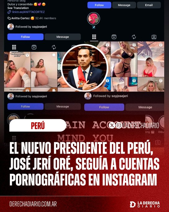 Mialygosa's tweet photo. 🇵🇪 | Perú es Clave.

El nuevo presidente de Perú, José Jeri Ore, asumió tras la destitución de Dina Boluarte y ya enfrentó su primer escándalo: seguía cientos de cuentas pornográficas en Instagram. https://t.co/iB8U0aHiVp