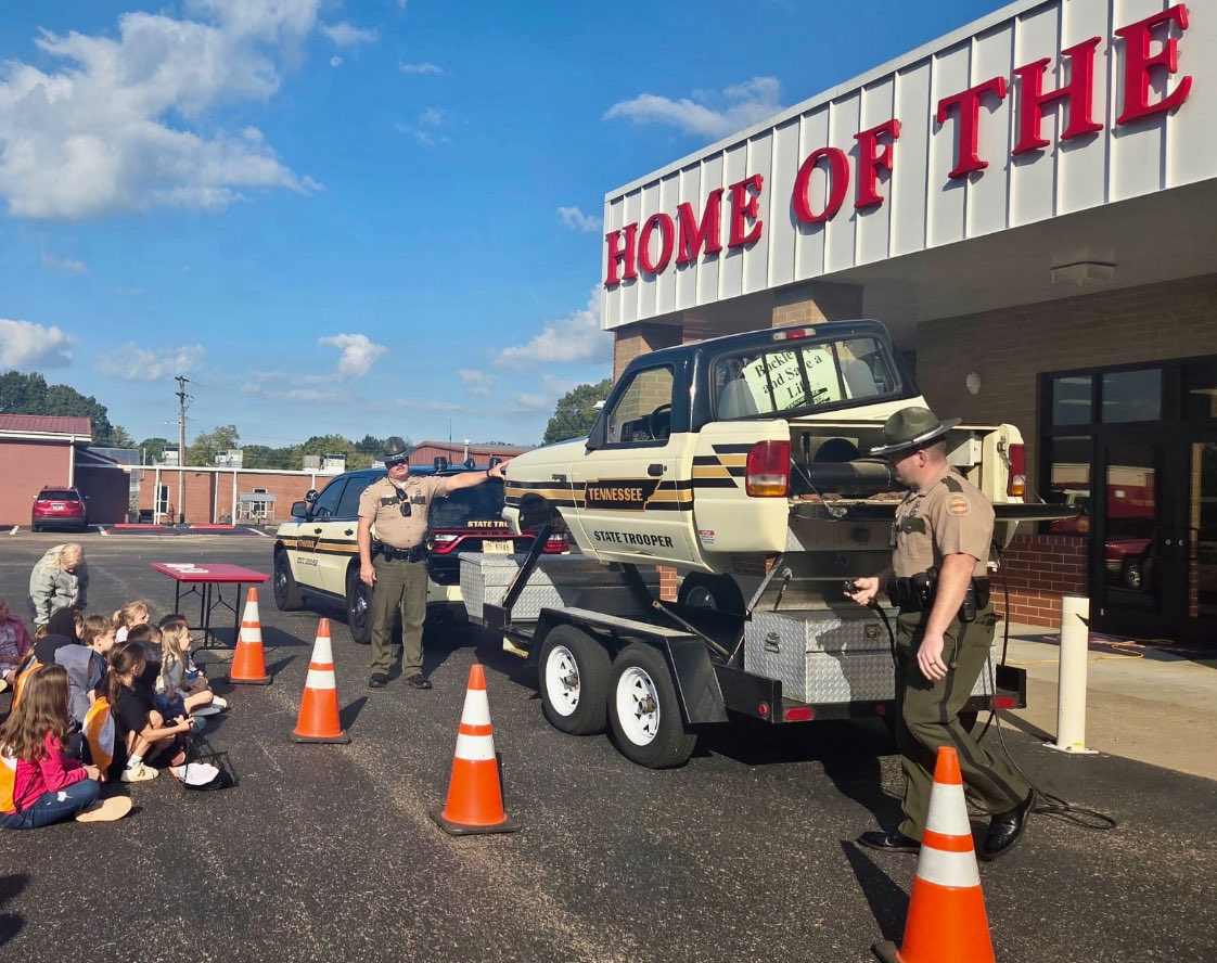 Trooper Crocker and Trooper Norris were at Clarksburg School today to discuss occupant restraint safety. The roll-over machine was used to show all in attendance the importance of seatbelts and child restraint devices!
