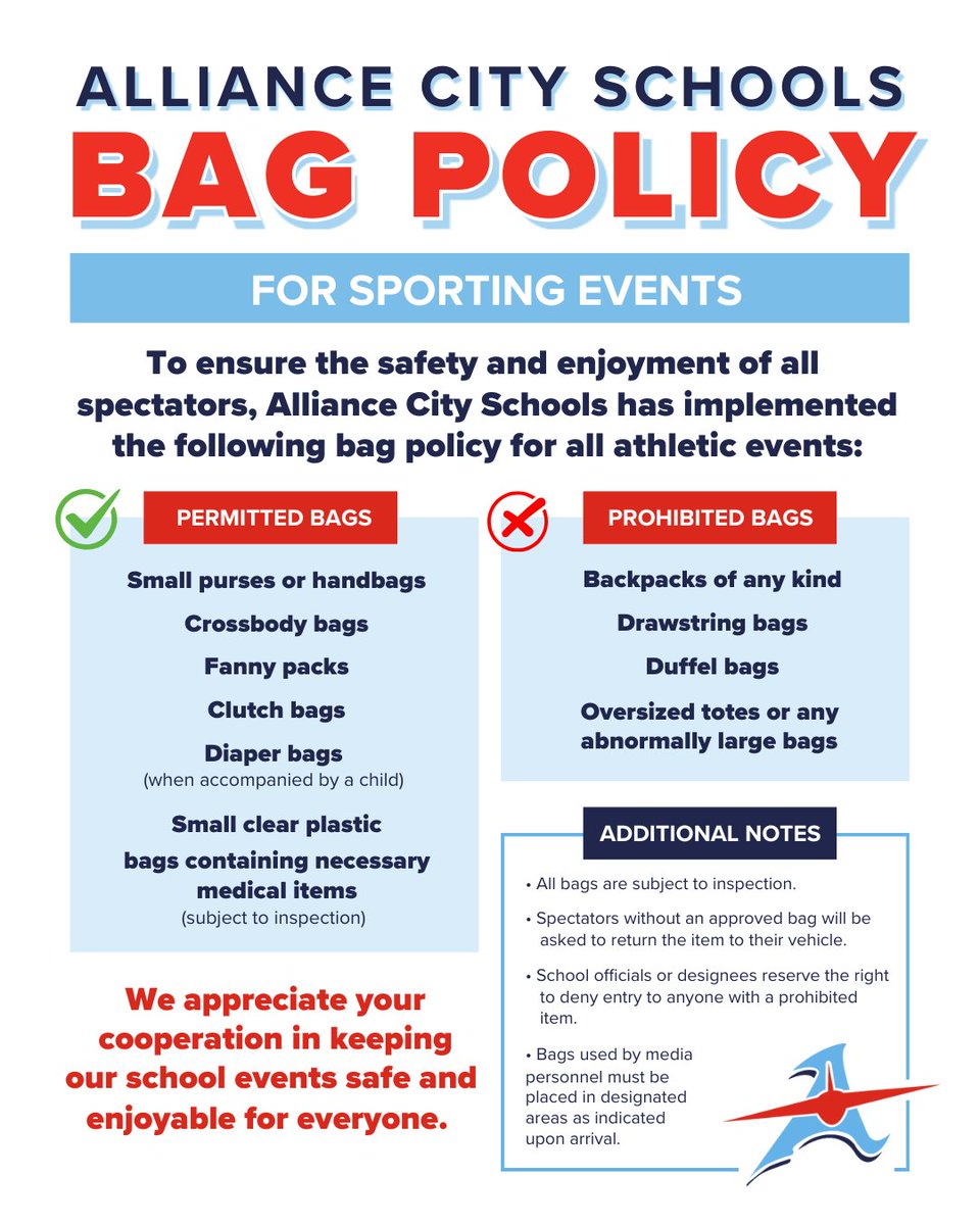 AllianceCSD's tweet image. 📢 Alliance City Schools has a new bag policy for all athletic events, effective today. This policy is designed to ensure the safety and comfort of all spectators in attendance at Aviator athletic events. ✈ #RepthatA