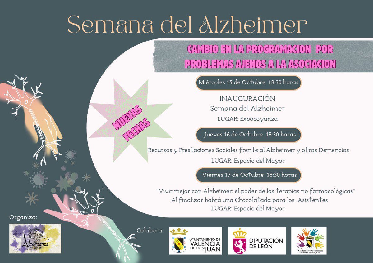 💕Semana del Alzheimer

📅 ‼️NUEVAS FECHAS: Del 15 al 17 de octubre