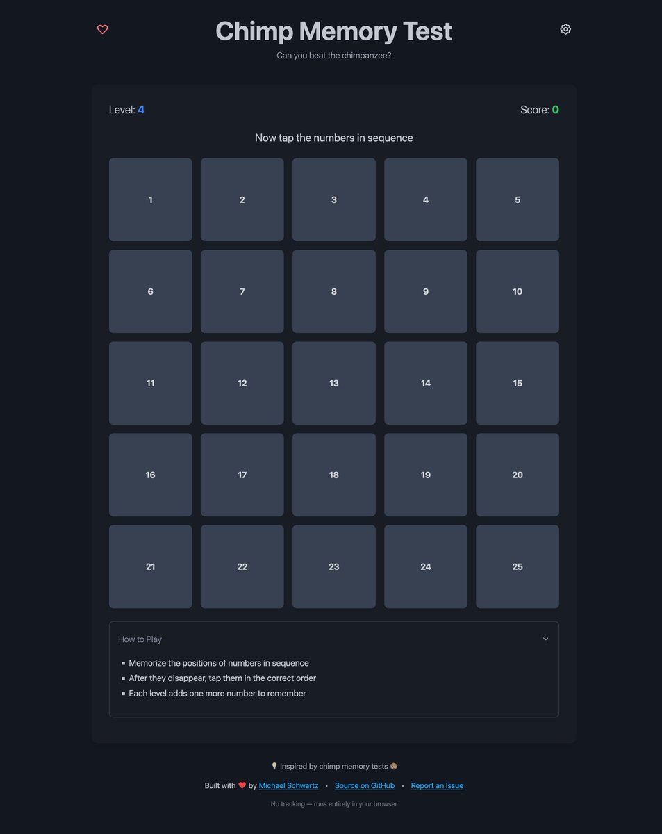 michaelsboost's tweet image. Been working on this little project the past few days — a web-based Chimp Memory Test 🐵
Inspired by research showing chimpanzees can actually outperform humans in short-term memory tasks.
Try it 👉 michaelsboost.com/ChimpMemoryTes…

#IndieDev #BrainGame #WebApp