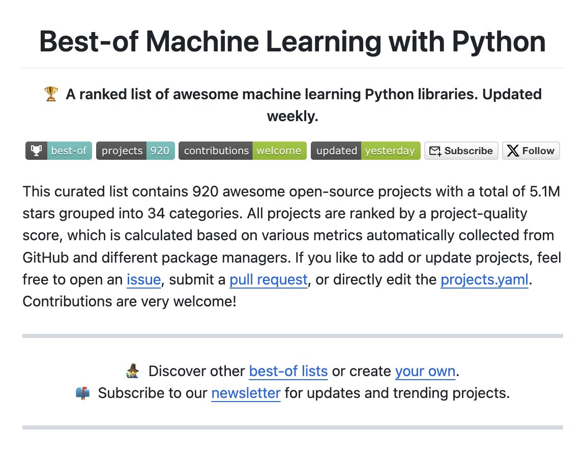 bearstech's tweet image. Best‑of ML Python : une collection des bibliothèques Python pour le Machine Learning
“This curated list contains 920 awesome open‑source projects with a total of 5.1M stars grouped into 34 categories.”
👉 github.com/lukasmasuch/be…