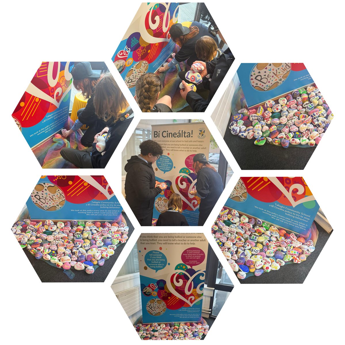 TCSTallaght's tweet image. Friendship Week culminated today with our Bi Cineálta banner in place for friendship week -  and our peace pebbles - painted by our first years with Ms Mahu and Mr Long placed at the banner by our TYs

We’ve had a brilliant week bringing the message of kindness to life 

💙🤍💛