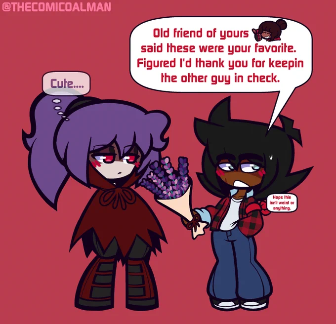 A gift :) Lav helps keep Coal's wolf side in check by routinely absorbing its power, and in return, Lavender gets a consistent human source of blood to live off of!