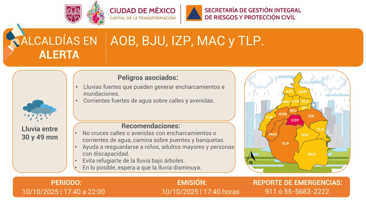 SGIRPC_CDMX's tweet image. Se activa #AlertaRoja por persistencia de #lluvias fuertes para la tarde y noche del viernes 10/10/2025 en la demarcación: @Alcaldia_Coy. 

Se actualiza #AlertaNaranja por persistencia de #lluvias fuertes para la tarde y noche del viernes 10/10/2025 en las demarcaciones:…