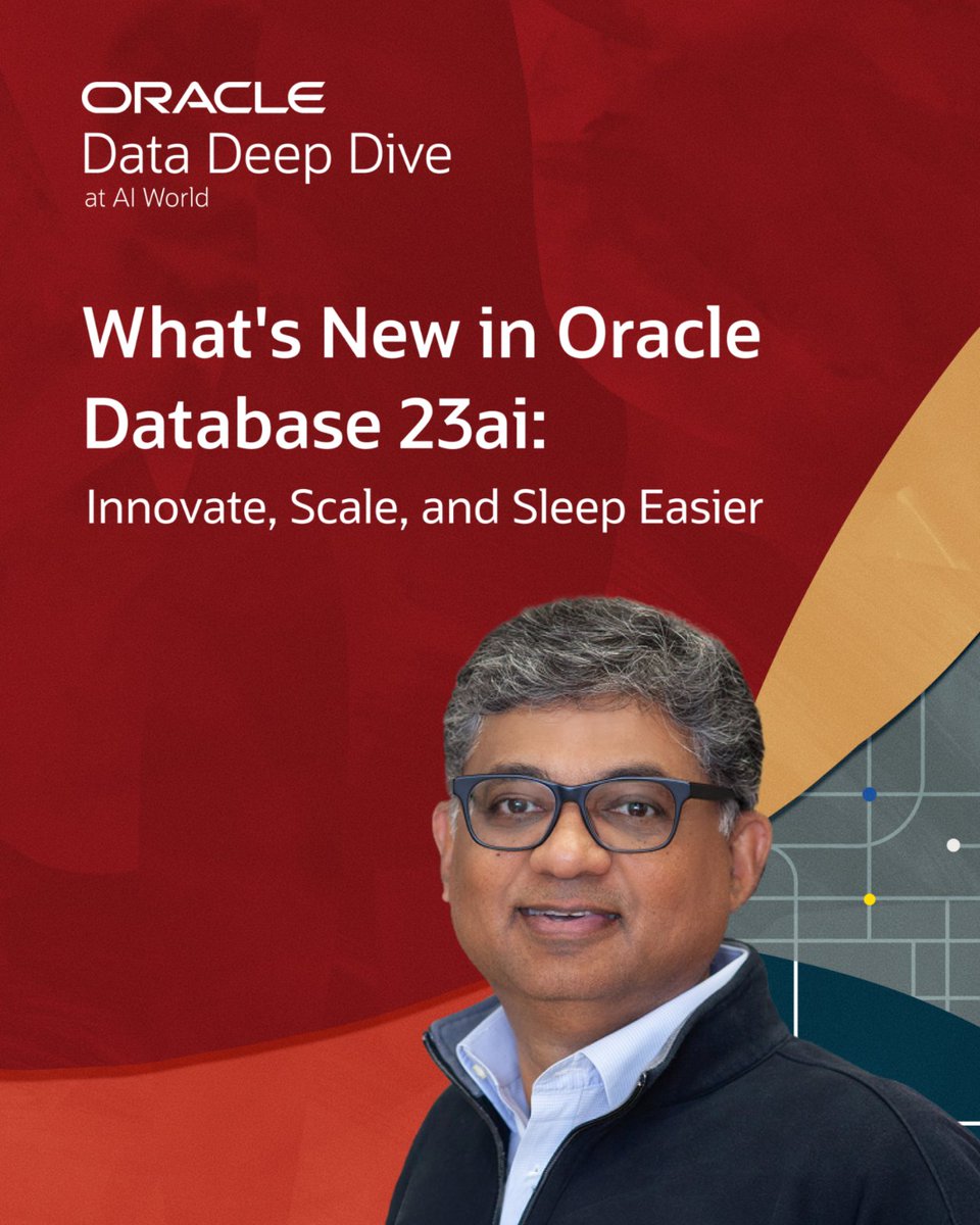 OracleDatabase's tweet image. Catch Hasan Rizvi’s keynote at Oracle Data Deep Dive at #AIWorld to learn more about Oracle Database 23ai and how it can help you innovate faster with AI, scale smarter, and sleep easier. Learn more at social.ora.cl/6014AWPJY
