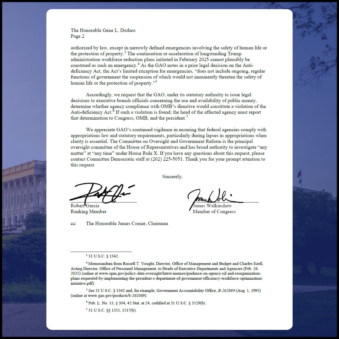 Rep_Walkinshaw's tweet image. RIFs during a shutdown are 100% illegal.

@OversightDems Ranking Member @RepRobertGarcia and I called on @USGAO to investigate Russ Vought’s illegal directive ordering agencies to fire federal workers in violation of the Antideficiency Act.

This scheme needs to be investigated.