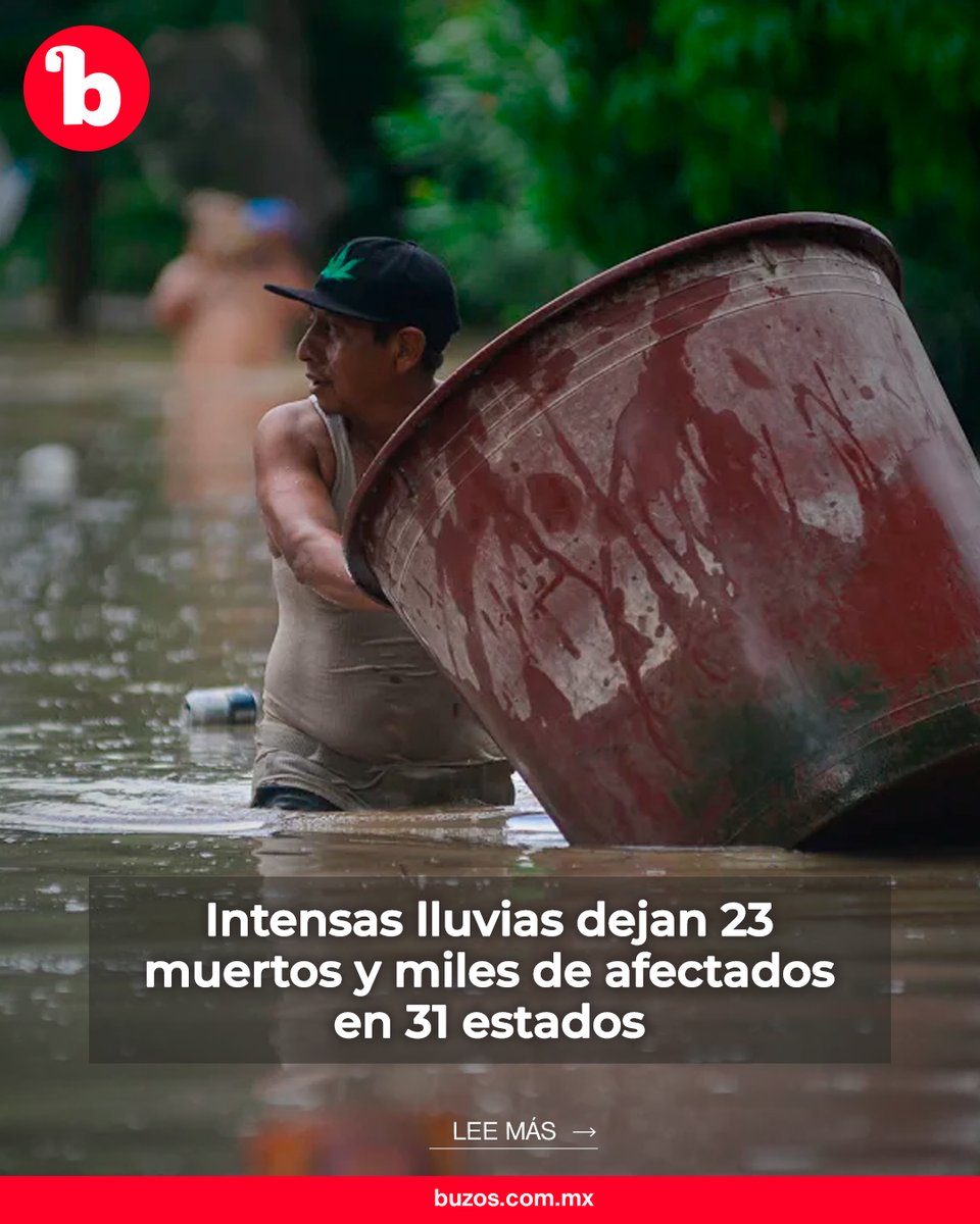 #MéxicoBajoElAgua: Intensas lluvias dejan 23 muertos y miles de afectados en 31 estados ⛈️🌊🏘️

Protección Civil reporta graves afectaciones en Veracruz, Querétaro, Hidalgo, San Luis Potosí y Puebla.

Piden #AyudaParaDamnificados.

Lee más: short.do/j_srQZ