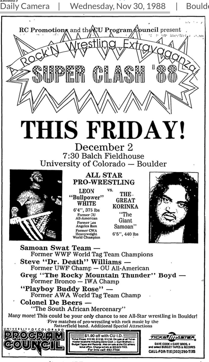One more from Colorado in 1988. The AWA invades Boulder for one night only to present Super Clash! Proto-Vader, "Baby Bull"  vs. Proto-Yoko, the slim, trim, and very agile Great Kokina. Plus a rare AWA appearance by Dr. Death. ☠️