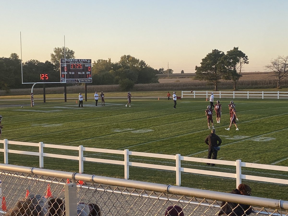 In God’s country tonight. Class A No. 7 North Linn (6-0) and Midland 3-3). Field looks great. #iahsfb