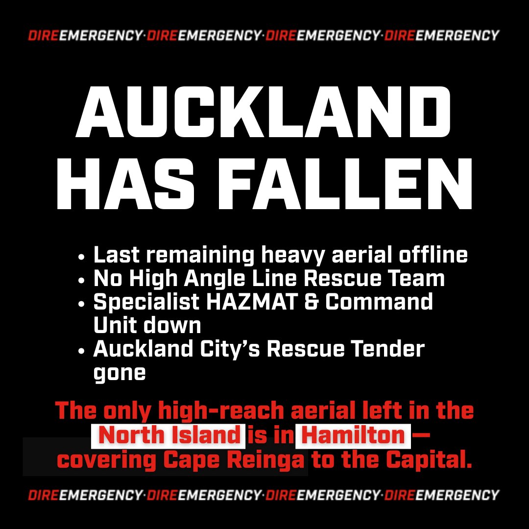 AUCKLAND HAS FALLEN.
#BREAKING | Auckland’s last remaining heavy aerial has gone offline — leaving the city without a single high-reach ladder truck.
🔴 No High Angle Line Rescue Team
🔴 Specialist HAZMAT &amp; Command Unit is down
🔴 Auckland City's Rescue Tender gone