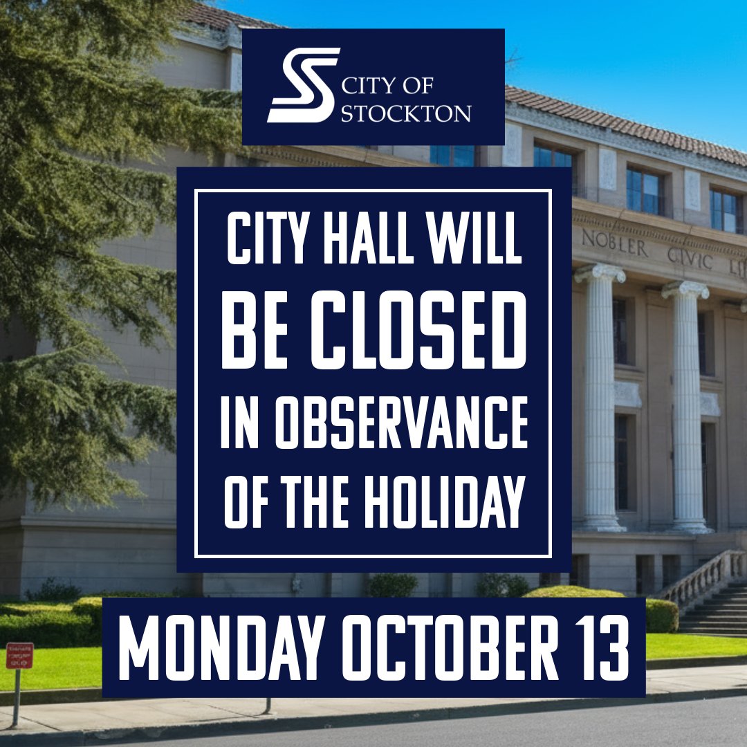 Las oficinas de la Ciudad de Stockton estarán cerradas el lunes 13 de octubre en observancia del día festivo.
Para más información, visite stocktonca.gov
En caso de emergencia, marca 911
Para reportar un problema de agua, drenaje o aguas pluviales, llama al 209-937-8341