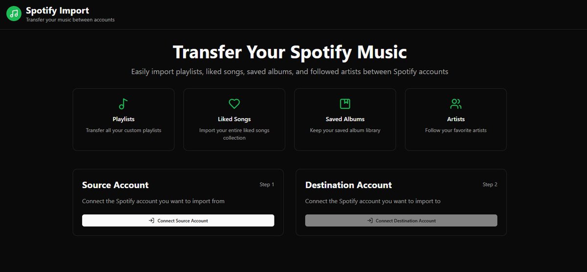 YaminRaad's tweet image. Built a small tool to import existing Spotify playlists, liked songs, saved albums, and followed artists to a new Spotify account.
GitHub Link: github.com/Raad05/spotify…
#SpotifyAPI #Buidl #Tools