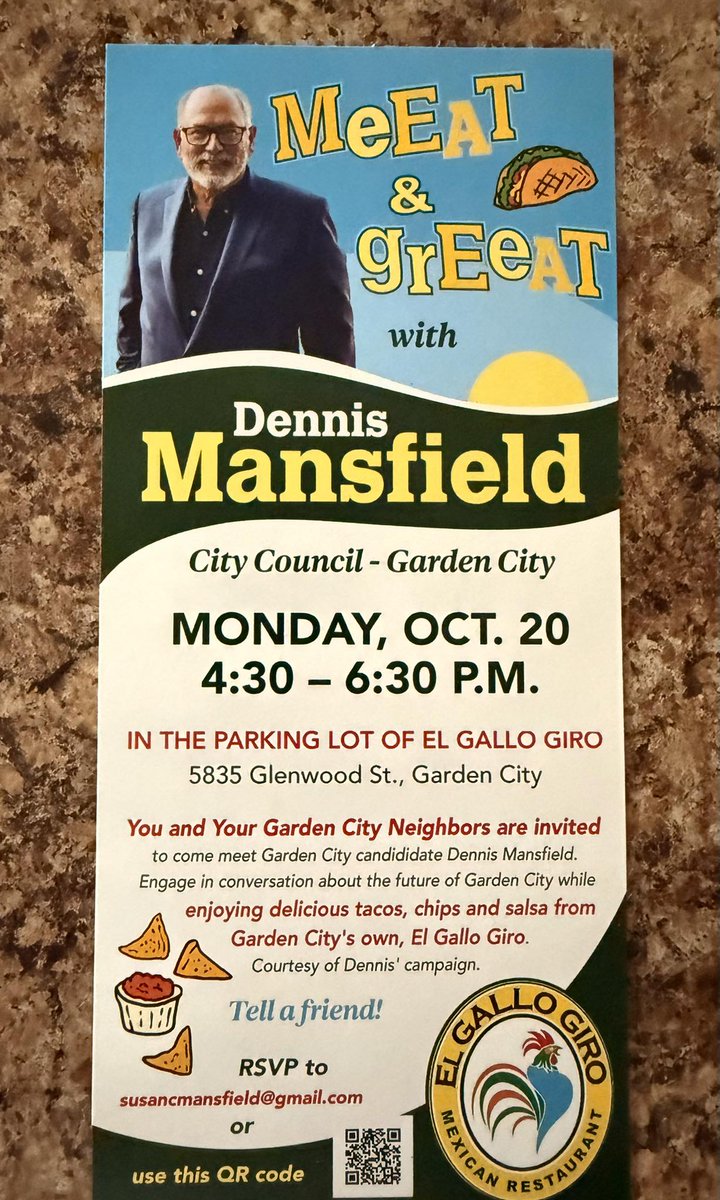 Many thanks to Harmon Travel and El Gallo Giro for sponsoring the upcoming “MeEAT and grEeAT” on Monday, Oct20th 4:30-6:30pm in the parking lot of El Gallo Giro! If you’re a resident of Garden City and would like to attend, meet the candidate and have a taco plate, please RSVP!