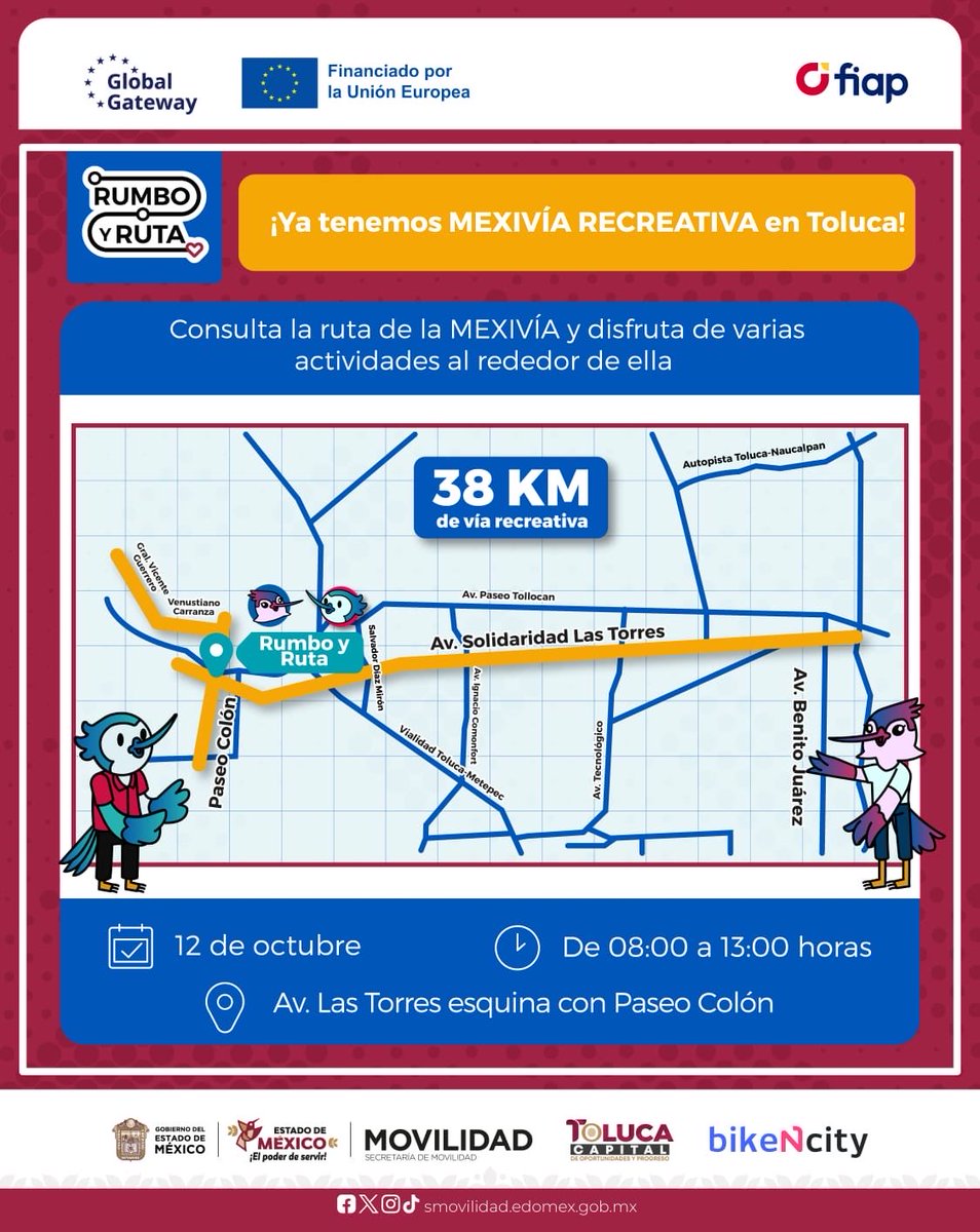 SEMOV_Edomex's tweet image. ¡Este domingo se vive la #MexivíaRecreativa!
🚲🌼 Acompaña a Rumbo y Ruta en un recorrido que celebra la #MovilidadQueNosAcerca. Ven con nosotras y nosotros a caminar, rodar y compartir el espacio público. #ElPoderDeServir