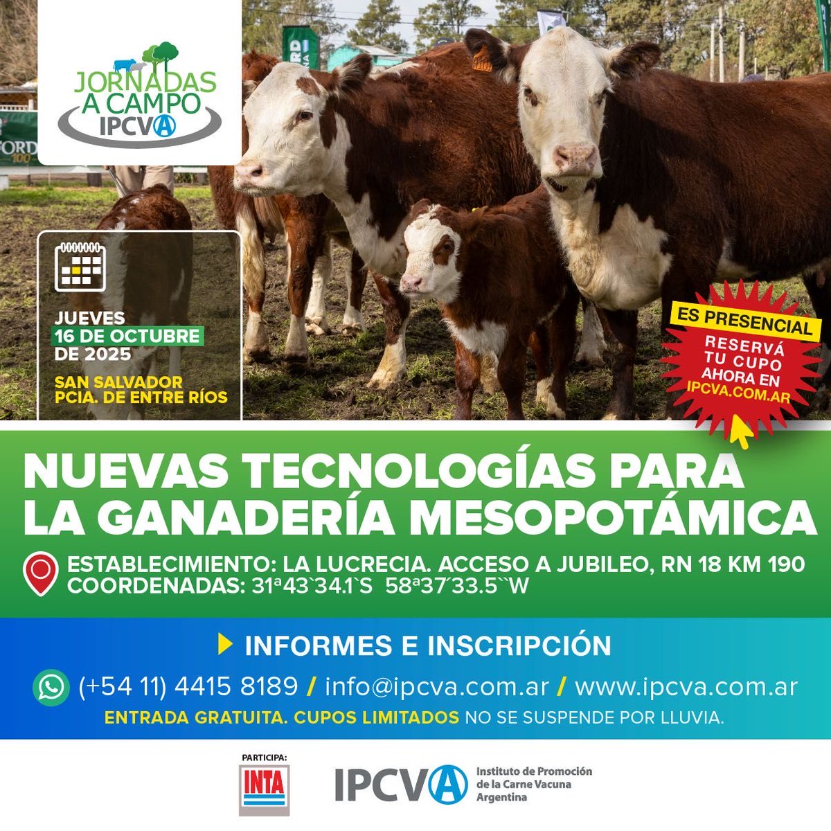 Faltan pocos días una nueva Jornada a Campo del IPCVA. El 16 de octubre en San Salvador, Entre Ríos.
La entrada es libre y gratuita pero cupos limitados. Participa el INTA
Más info y link de inscripción en ipcva.com.ar 

#carneargentina #ipcva #jornadaacampo