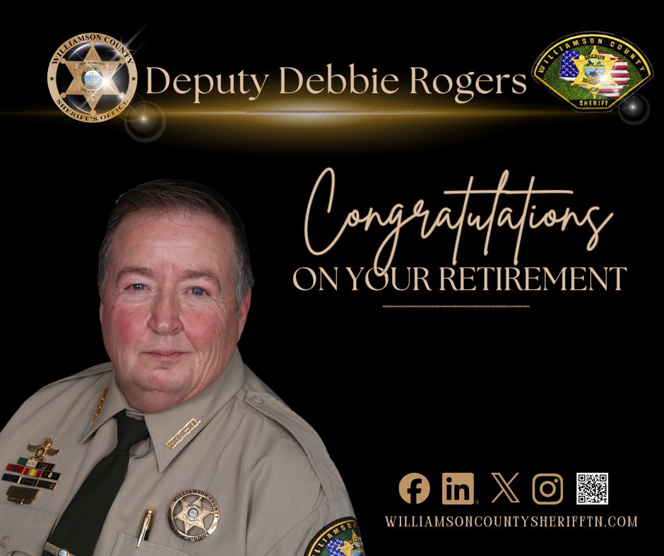 WCSO_Sheriff's tweet photo. Congratulations to Deputy Debbie Rogers on her retirement today after 32 years of service. Thank you for your commitment to WCSO and Williamson County. Enjoy every minute, you earned it. #WCSOTN https://t.co/HT1nhEKTj7
