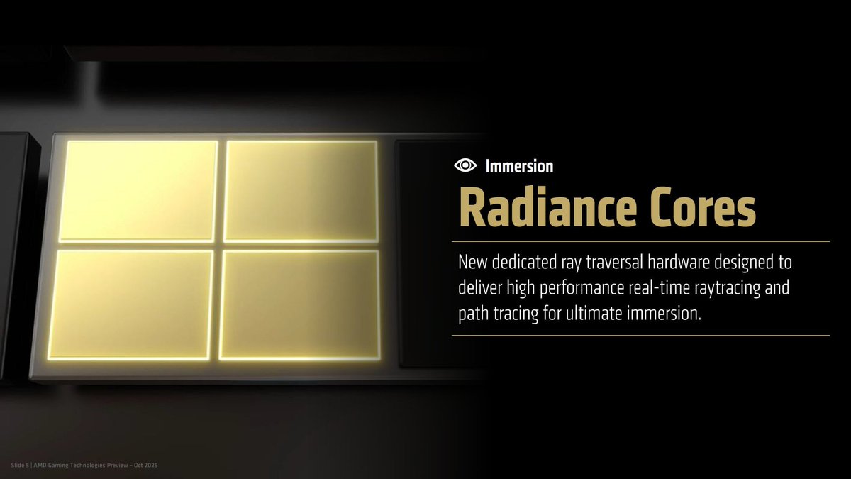 AMDGPU_'s tweet image. The Next Generation of realtime graphics technology for AMD GPUs has just been revealed:
- Neural Arrays - optimized CU clustering
- Universal Compression - accelerated VRAM compression
- Radiance Cores - full ray traversal acceleration