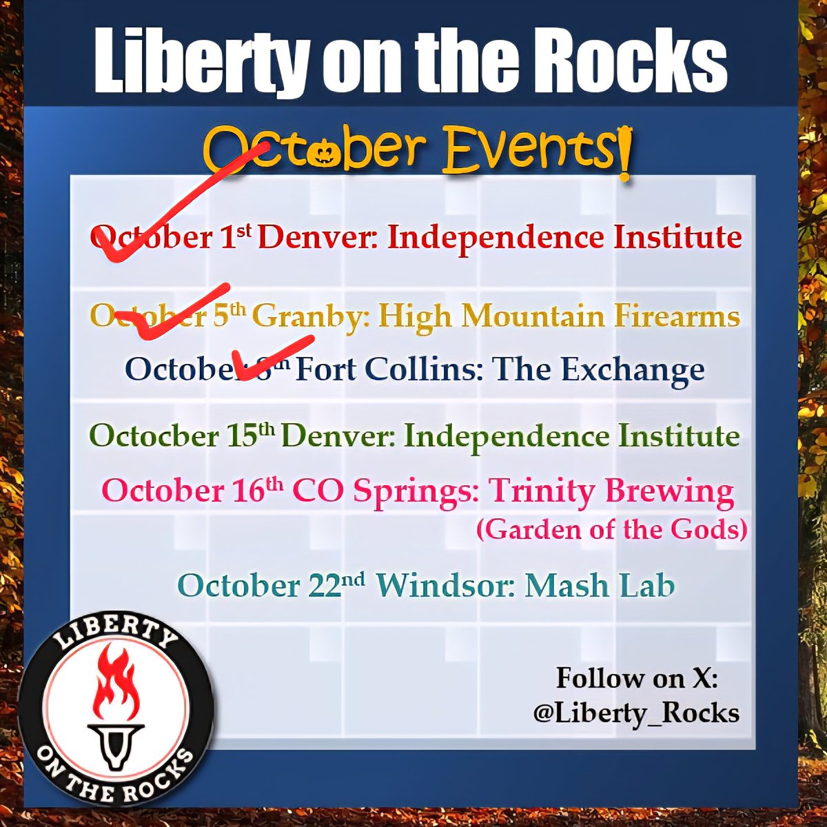 FreeStateColor1's tweet image. Colorado, we have some great Liberty on the Rocks events this month! 

Follow @Liberty_Rocks for Denver
@CoSLOTR for Colorado Springs
@GranbyLOTR for Granby
And Free State Colorado for NoCo!