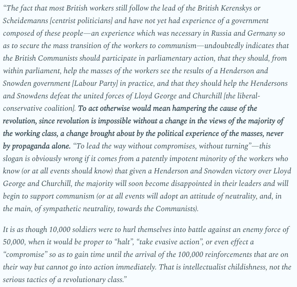 joewrote's tweet image. I don’t know why leftists think this. Lenin *specifically* told British communists to support left-leaning social democrats to accelerate revolution. He’d likely support an AOC/Mamdani figure. He was a ruthless pragmatist who favored imperfect action over all else.