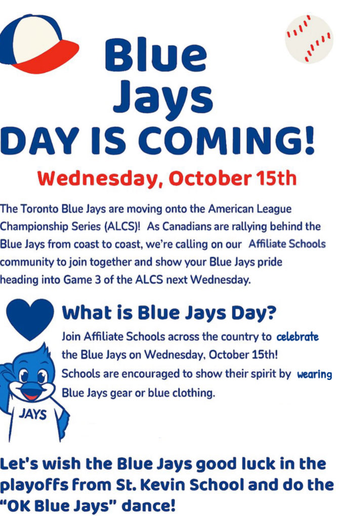 miss_dbelmonte's tweet image. Let’s wish the Blue Jays luck in the playoffs this Wednesday @StKevinDPCDSB
Wear your jays gear or the colour blue and get ready to cheer!