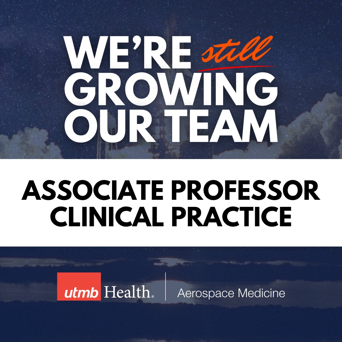 We’re still growing our team. UTMB Aerospace Medicine seeks an Associate Professor (Clinical Practice), in person. Mentor residents, teach, and collaborate with government and commercial space partners. ABPM/AOBPM board certified required. 
Apply at utmb.us/en2
