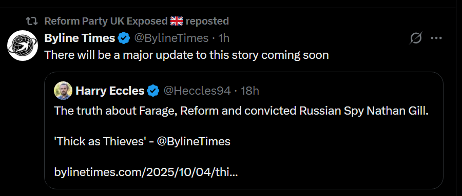 dave43law's tweet image. Byline are digging in to the Gill story - life is about to become very interesting for Mr Farage and the cult of little thought