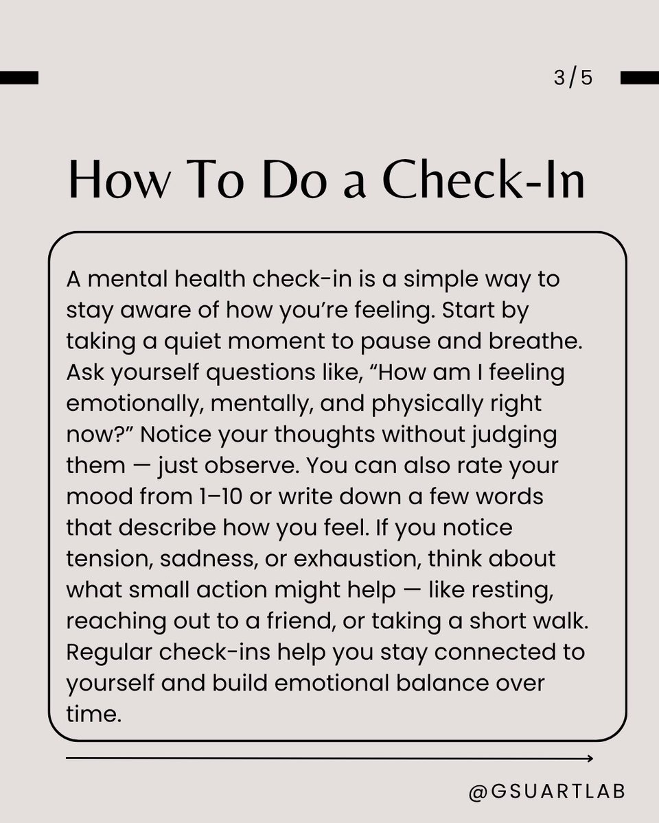 GSUARTLab's tweet image. As we come to the halfway point of the semester, you may be feeling a little worn down. Read here to see how you can use mental health check ins to assess your mental wellbeing! #mentalhealth #mentalhealthawareness #mentalhealthmatters