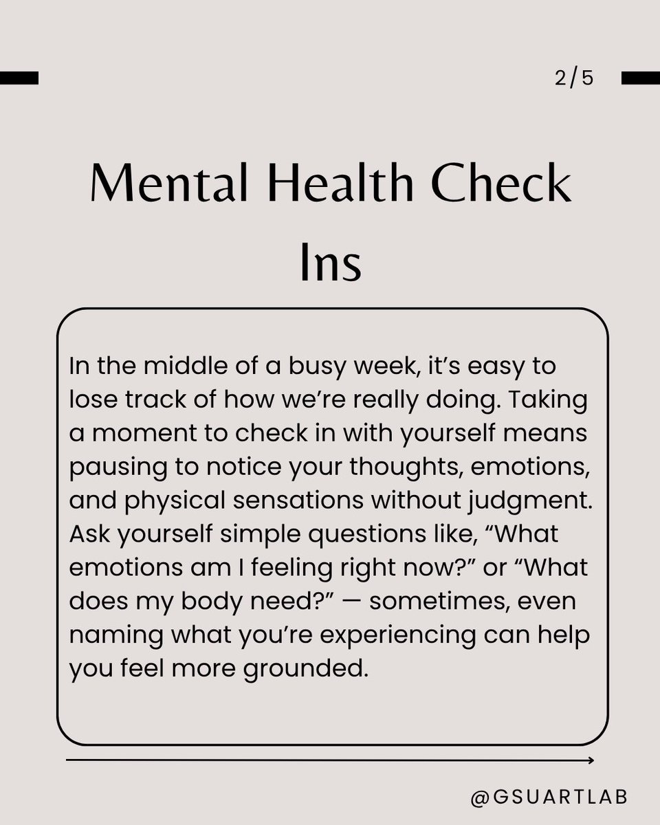 GSUARTLab's tweet image. As we come to the halfway point of the semester, you may be feeling a little worn down. Read here to see how you can use mental health check ins to assess your mental wellbeing! #mentalhealth #mentalhealthawareness #mentalhealthmatters