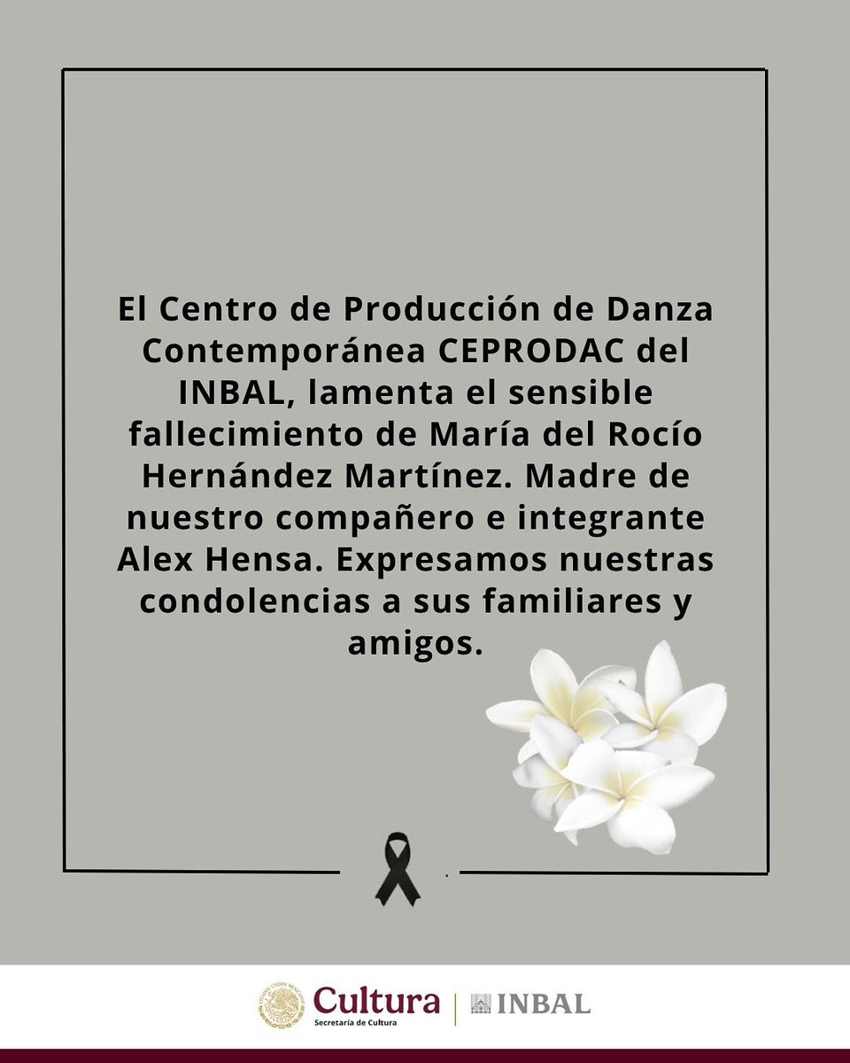 El CEPRODAC del INBAL, lamenta profundamente el fallecimiento de María del Rocío Hernández Martínez (16/05/1959 - 9/10/2025). 

Madre de nuestro compañero e integrante Alex Hensa. 

Acompañamos con respeto a familiares, compañerxs y amigxs en este sensible momento.