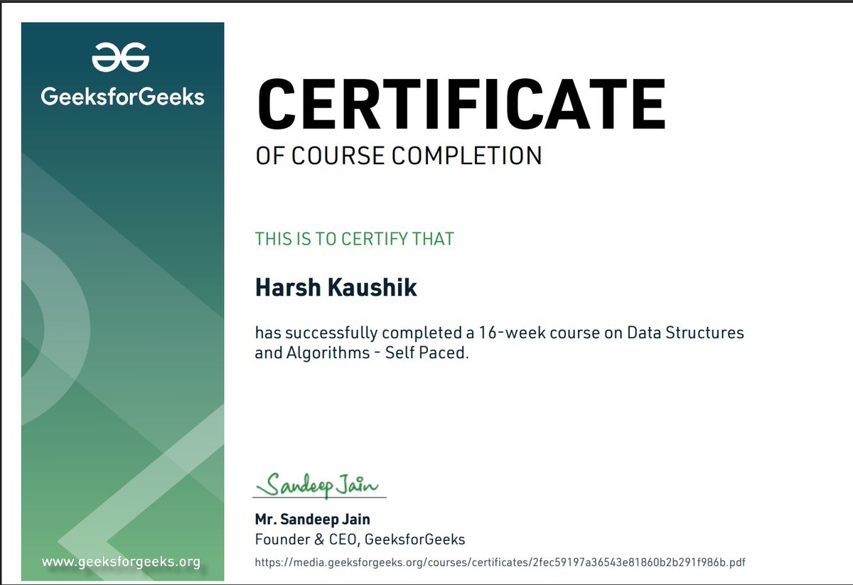 YuvrajK31032005's tweet image. Just completed the DSA Self-Paced course by GeeksforGeeks! 🎉
Won this course in the Bi-Wizard Coding Contest back in Class 11, and the journey has been incredible. Learned a ton, thanks to Sandeep Sir for making DSA so approachable! 

#DSA #Coding #GeeksforGeeks #LearningJourney