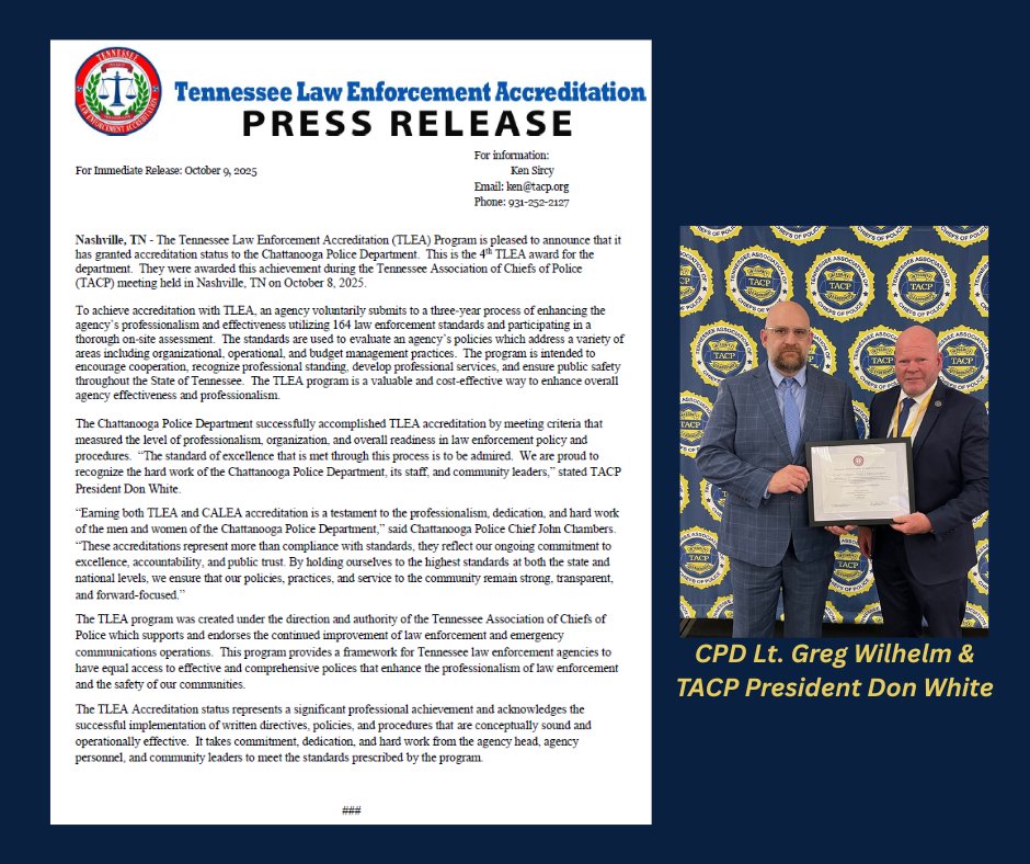 CPD has again been granted accreditation status by the Tennessee Law Enforcement Accreditation (TLEA) Program. This marks the department’s fourth TLEA award which will remain in effect through April 2028. MORE INFO: bit.ly/48Ytd8B