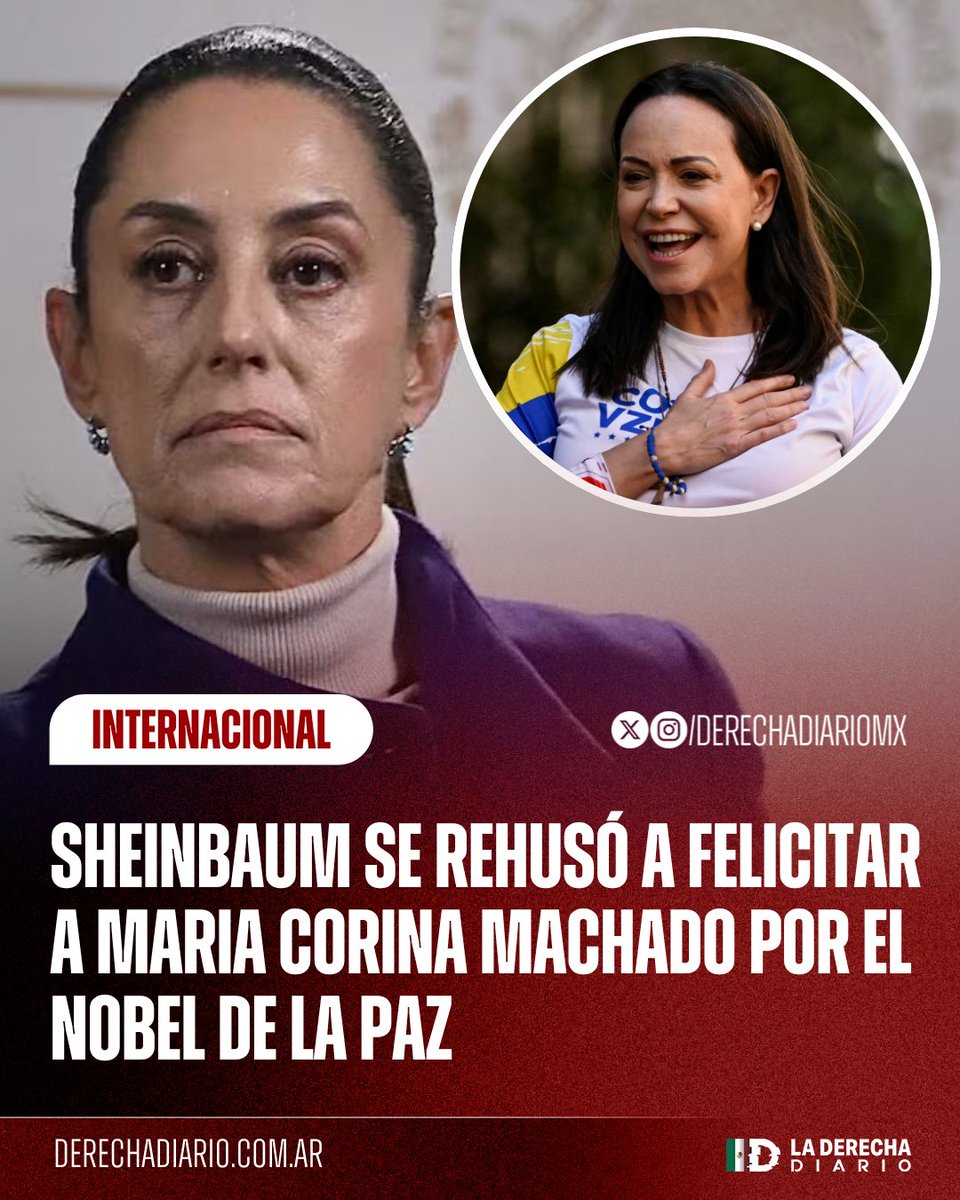 🇲🇽🇻🇪 | La comunista aliada de Maduro, Claudia Sheinbaum, se negó a felicitar a la líder venezolana María Corina Machado por recibir el Premio Nobel de la Paz y solo respondió “sin comentarios”, cuando fue cuestionada al respecto.