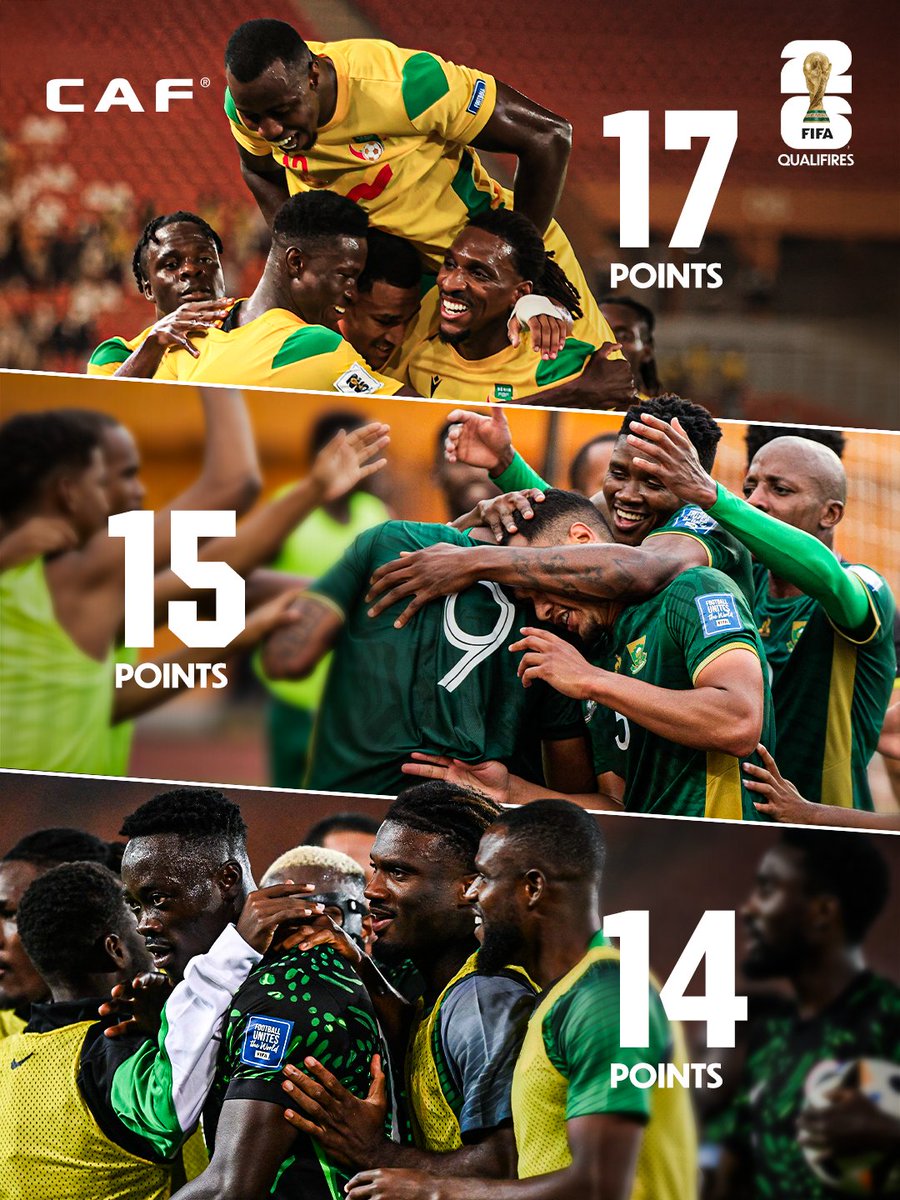 CAF_Online's tweet image. 3-way race. One 2026 #FIFAWorldCup ticket at stake. One matchday left. 🎟 

Who have you got? 🇧🇯🇿🇦🇳🇬