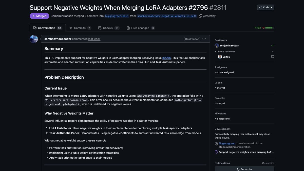 sambhavdixitpro's tweet image. Every AI model learns by adding new layers of knowledge.
But what if it could also unlearn?
I just merged that ability into @huggingface 🤗 PEFT — models can now use negative adapter weights.
This unlocks “AI editing”: remove bias, merge domains, balance behaviours — without…